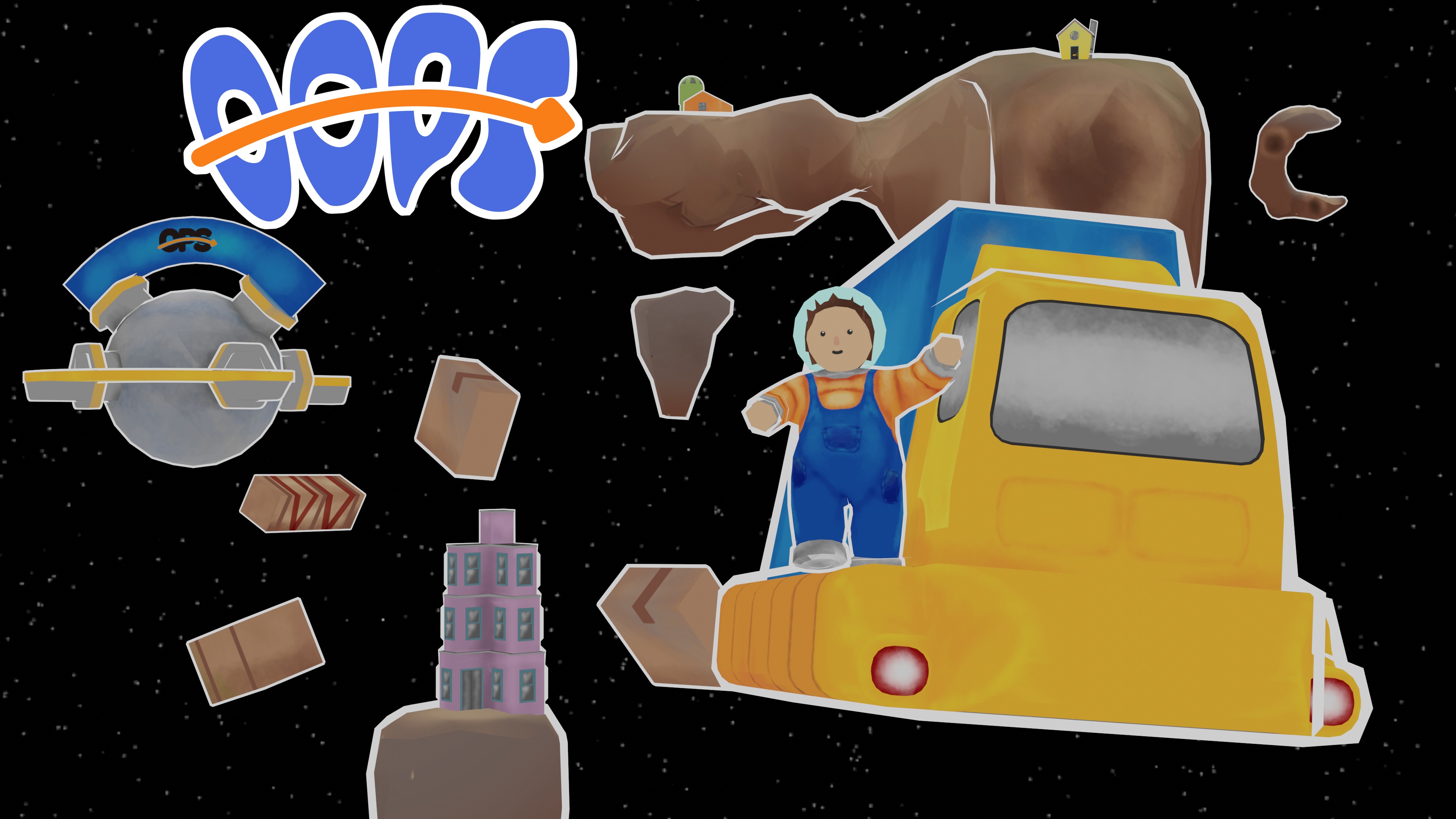 Poster of the game showing a spaceship/mailvan, some asteroids, and a logo in blue text saying Oops